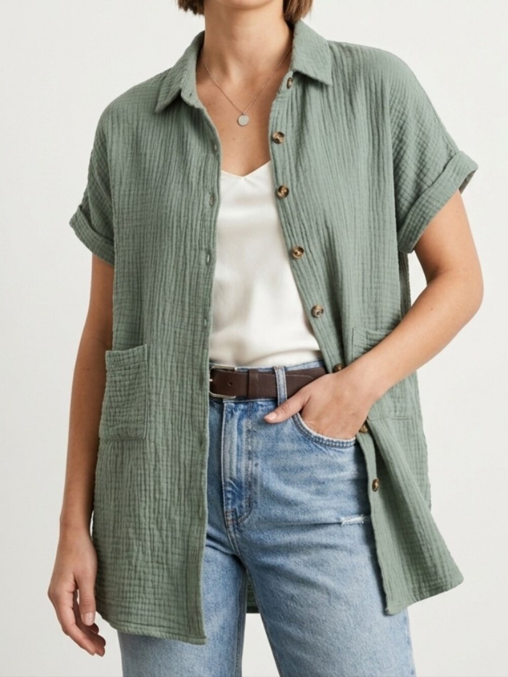 Cotton Muslin Sage Green Button-up T Shirt Size S